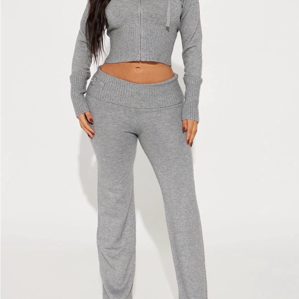 Gray Women's Knit Pants & Hoodie Set